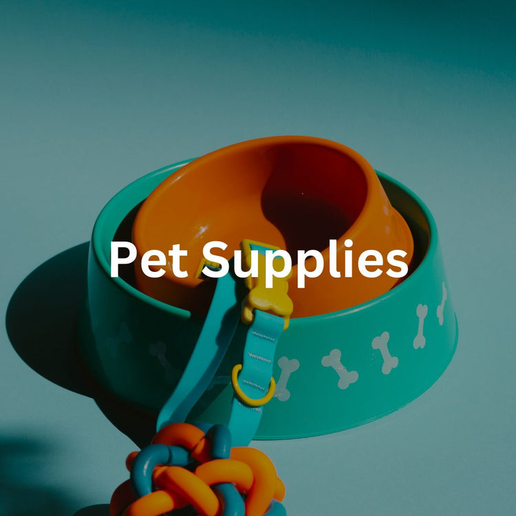 Pet supplies including toys, bowls, and beds for dogs and cats.