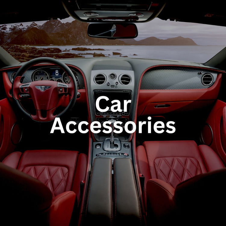 A collection of car accessories including organizers, seat covers, and dashboard gadgets.