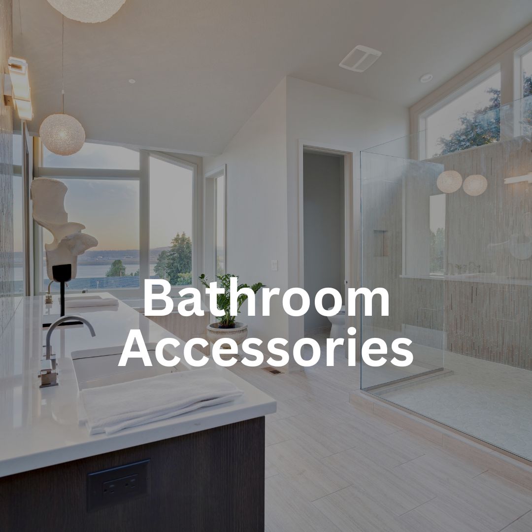 Modern bathroom accessories including towel racks, soap dispensers, and organizers.