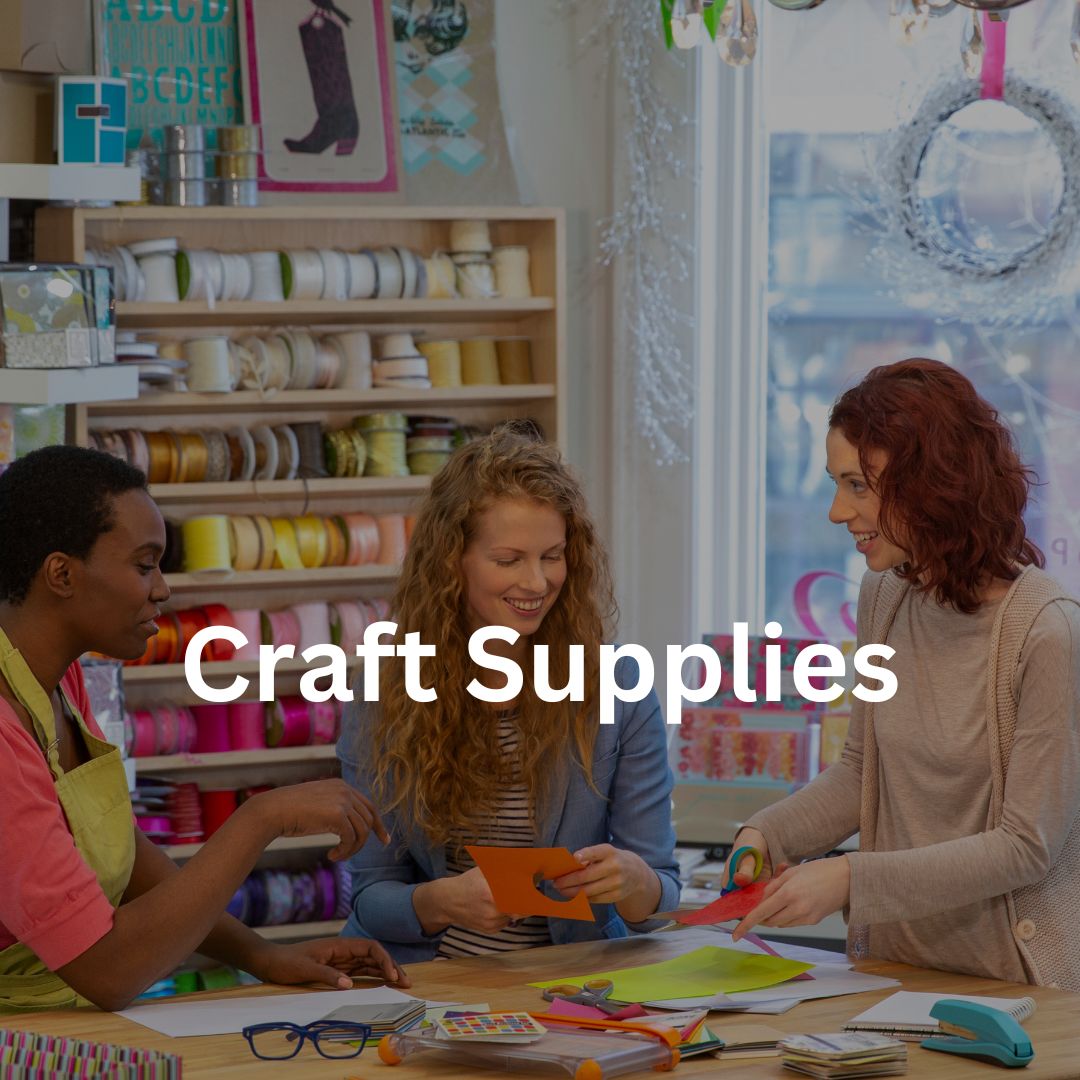 Craft supplies including yarns and paints for creative projects.