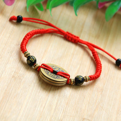 Bracelet en corde rouge Bunbun tissé à la main, pièce de monnaie en cuivre