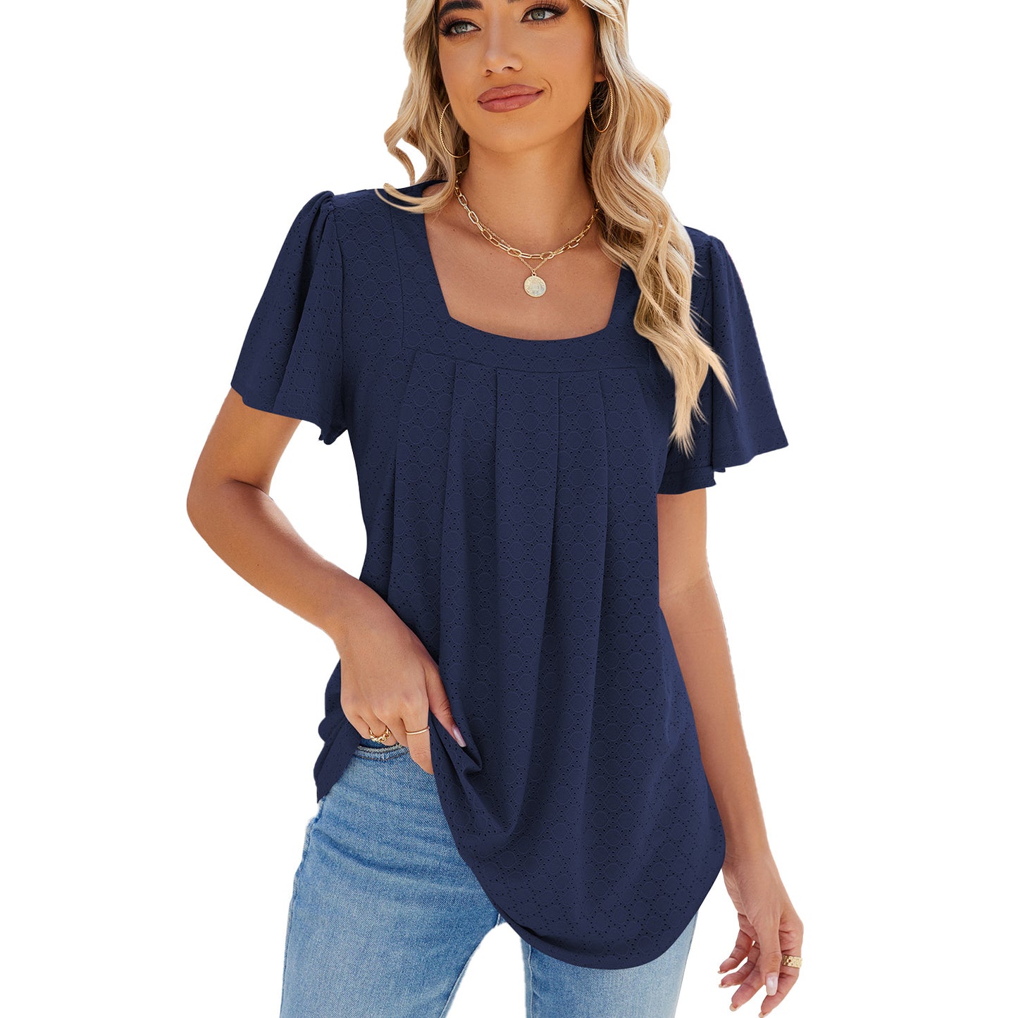 Summer Square Neck Pleated Short-sleeved T-shirt Loose Solid Color Ruffled Hollow Design Top For Womens Clothing