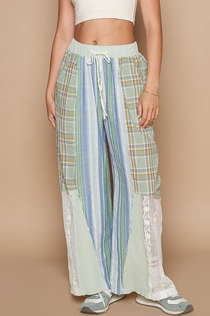 POL Drawstring Plaid Print Lace Straight Pants