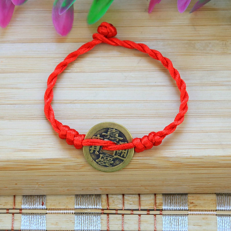 Bracelet en corde rouge Bunbun tissé à la main, pièce de monnaie en cuivre