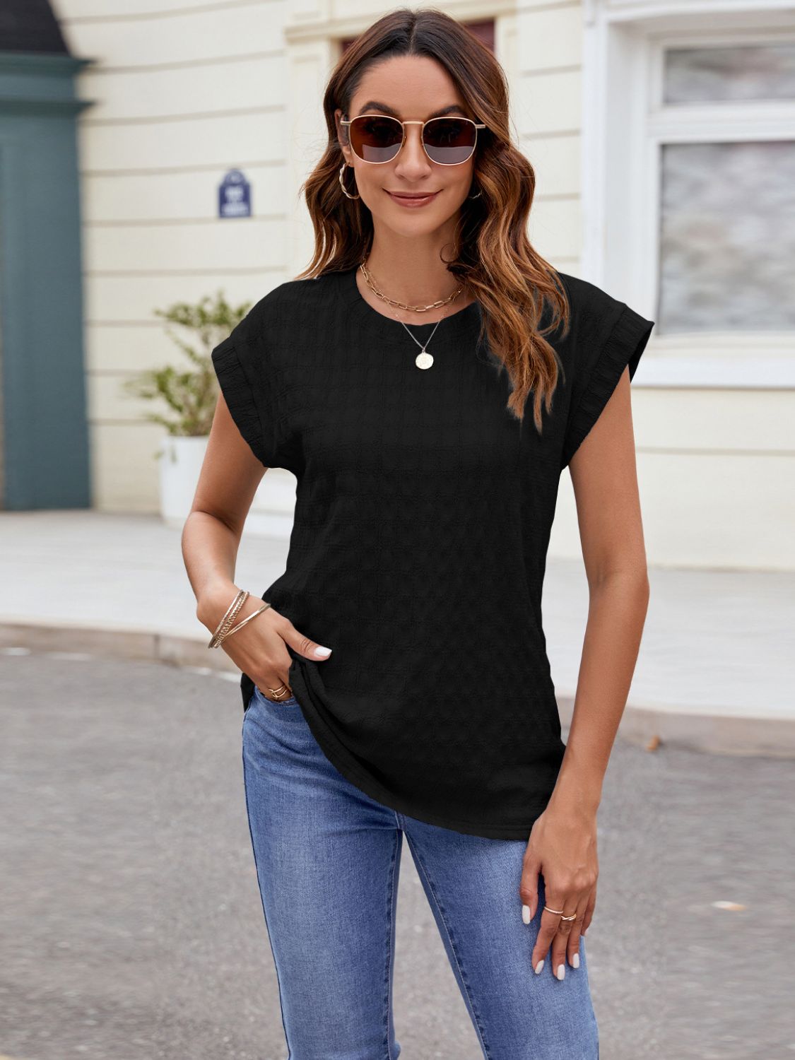 Textured Round Neck Cap Sleeve T-Shirt