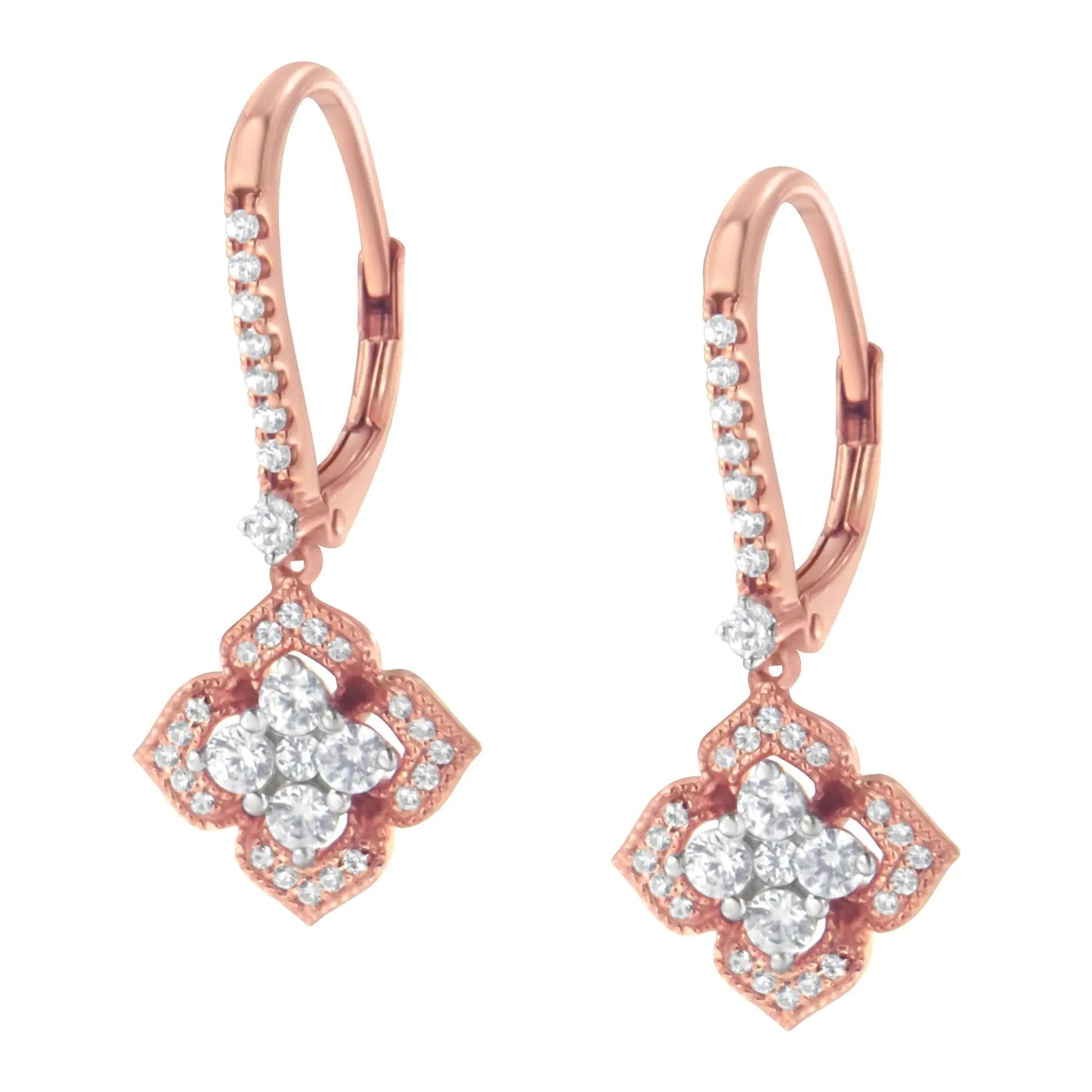 10K Rose Gold 3/4 Cttw Diamond Flower Drop Dangle Earring (I - J Color, I1 - I2 Clarity) - Jaazi Intl