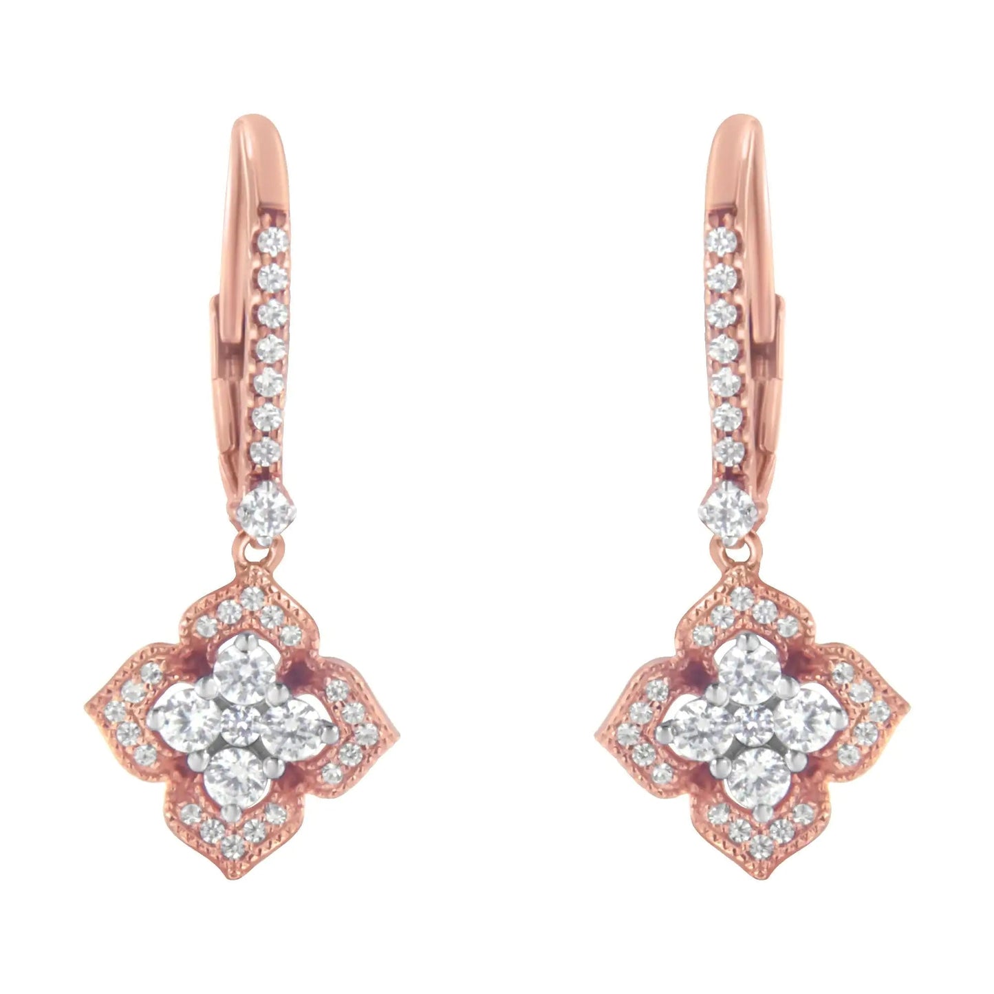 10K Rose Gold 3/4 Cttw Diamond Flower Drop Dangle Earring (I - J Color, I1 - I2 Clarity) - Jaazi Intl