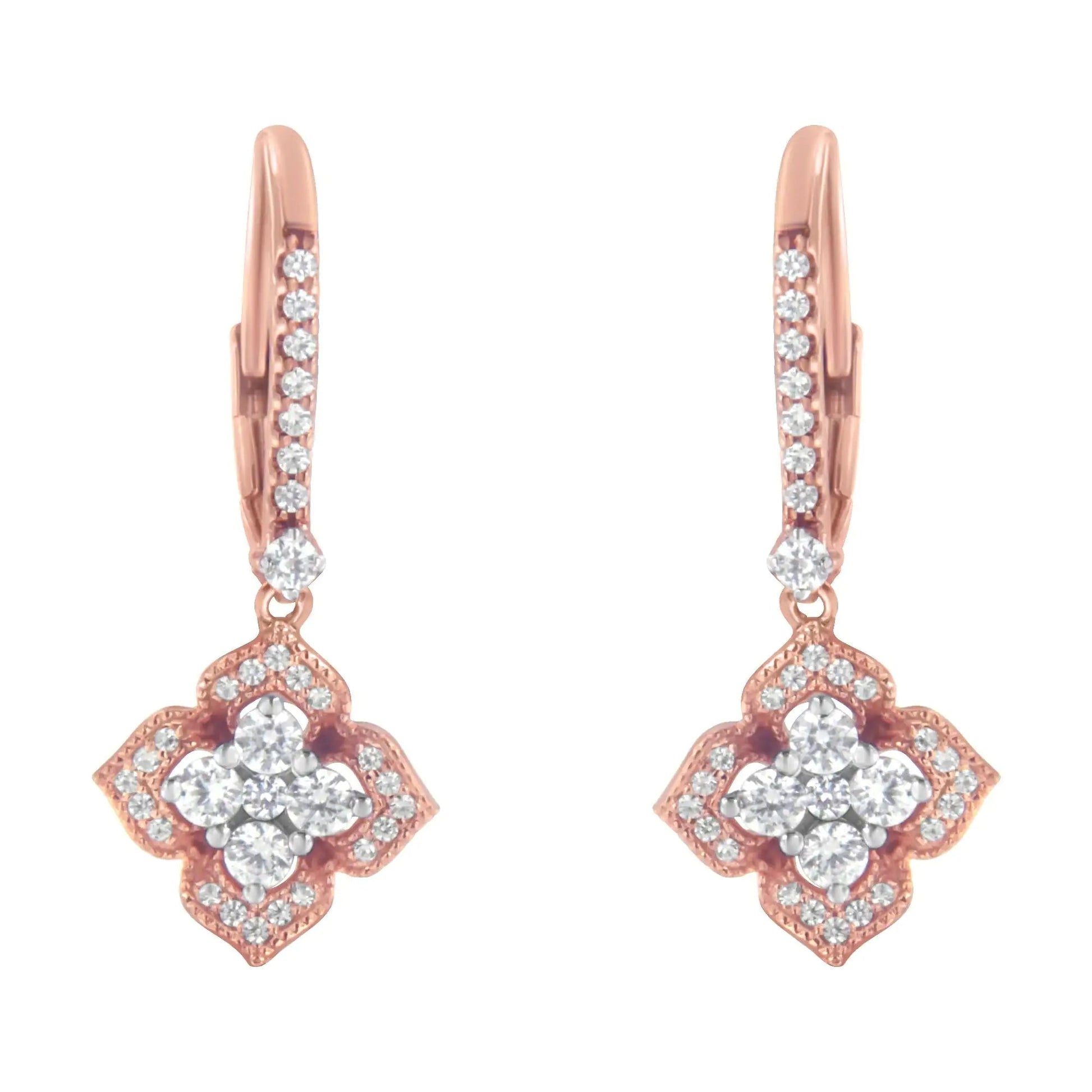 10K Rose Gold 3/4 Cttw Diamond Flower Drop Dangle Earring (I - J Color, I1 - I2 Clarity) - Jaazi Intl