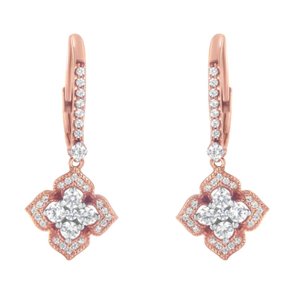 10K Rose Gold 3/4 Cttw Diamond Flower Drop Dangle Earring (I - J Color, I1 - I2 Clarity) - Jaazi Intl