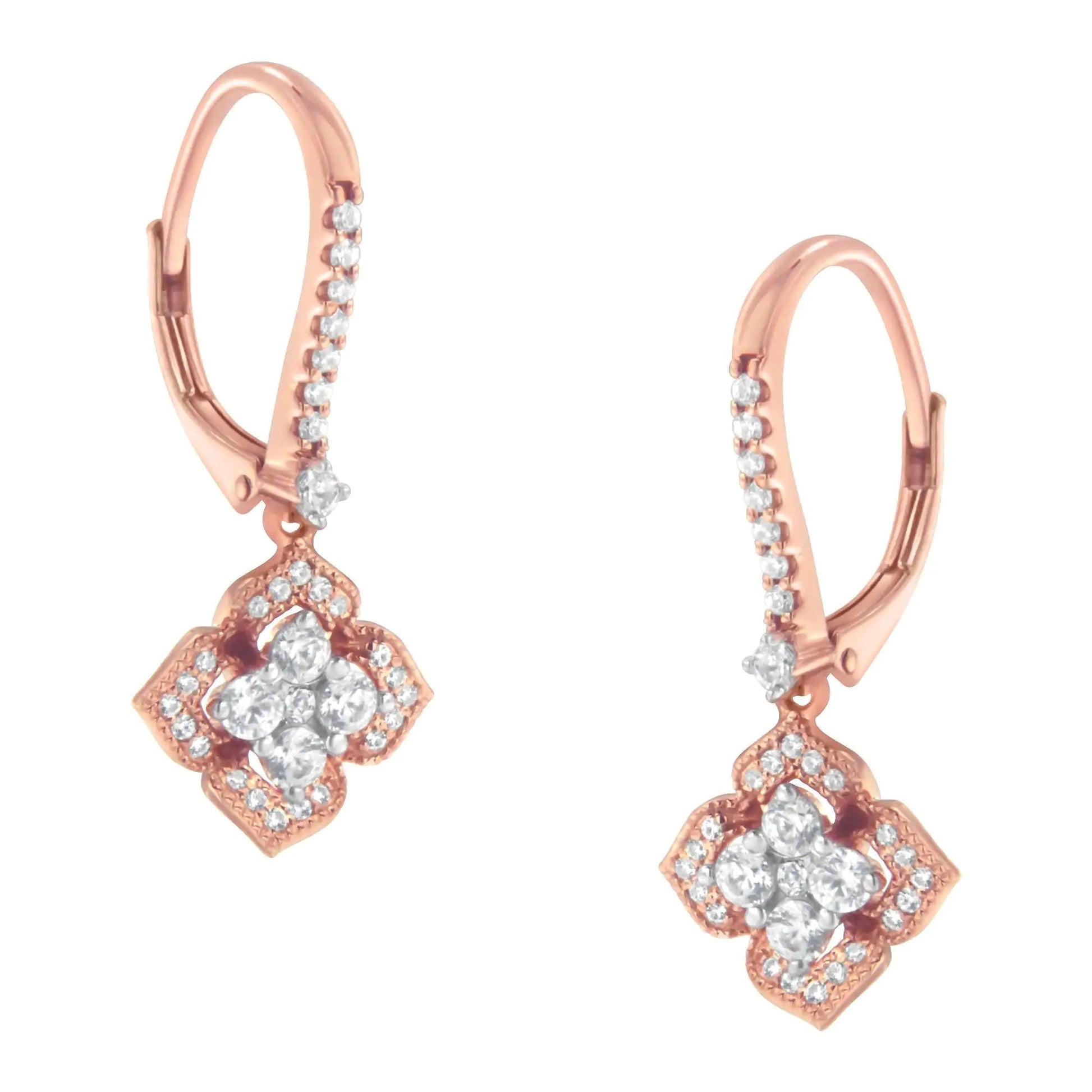 10K Rose Gold 3/4 Cttw Diamond Flower Drop Dangle Earring (I - J Color, I1 - I2 Clarity) - Jaazi Intl