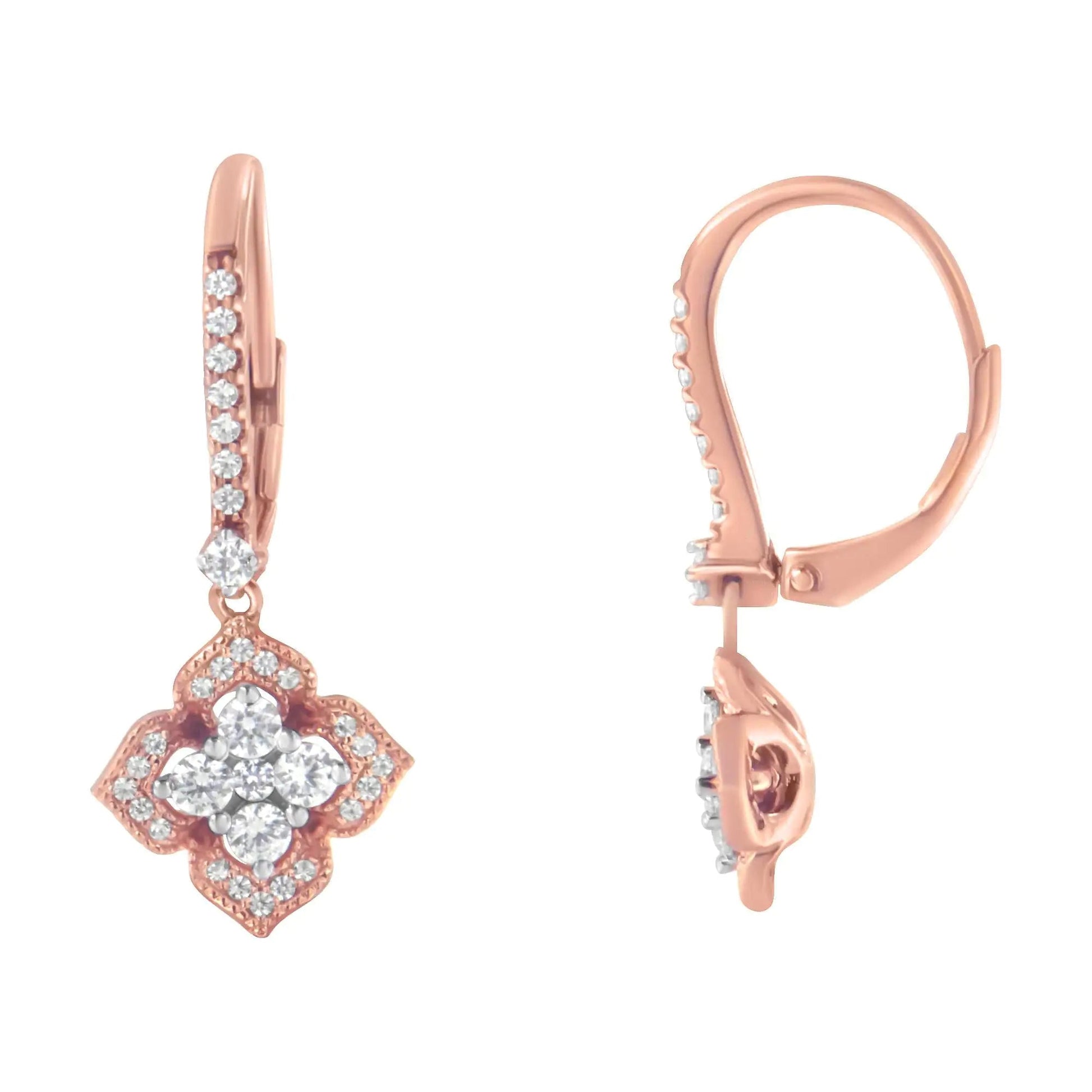 10K Rose Gold 3/4 Cttw Diamond Flower Drop Dangle Earring (I - J Color, I1 - I2 Clarity) - Jaazi Intl