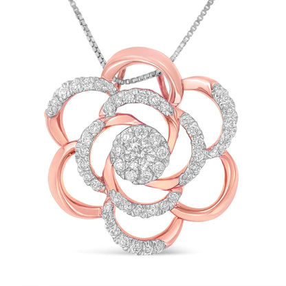 10K Rose Gold Plated Flower Accent Pendant Necklace with 1/2 cttw Round Cut Diamond (H - I, I1 - I2) - Jaazi Intl