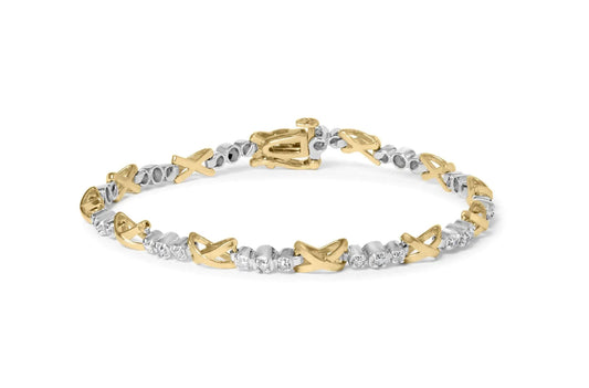 10K Two - Tone Gold 1/2 Cttw Diamond Alternating 3 Stone and X - Link 7" Bracelet (I - J Color, I2 - I3 Clarity) - Jaazi Intl