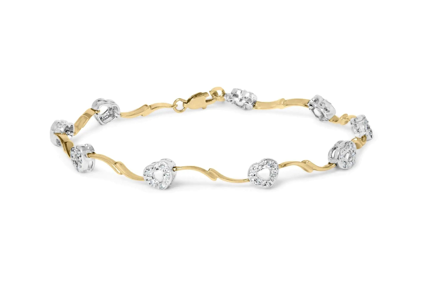 10k Two - Tone Gold 1/3 Cttw Diamond Pave Set Heart S - Link 7.25" Bracelet (I - J Color, I2 - I3 Clarity) - Jaazi Intl