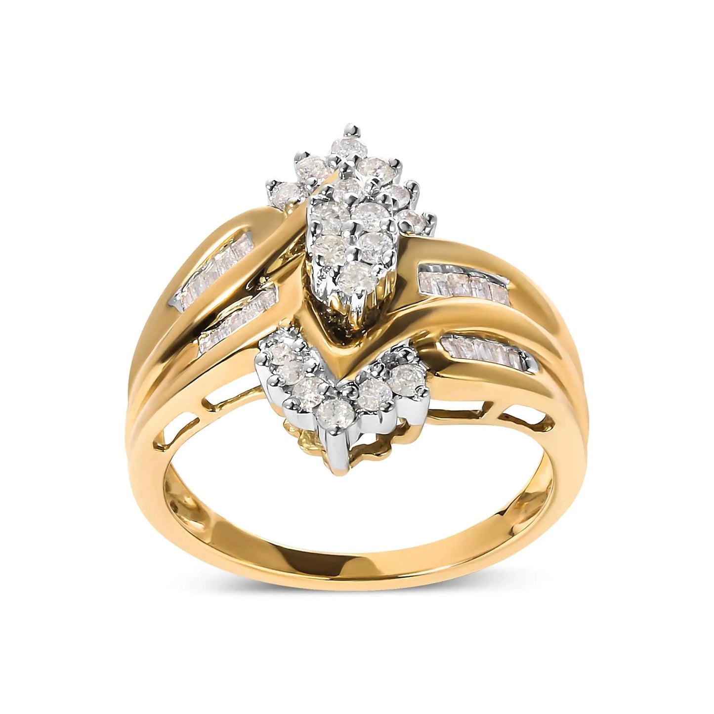 10K Two - Toned 1/2 Cttw Round And Baguette - Cut Composite Pear Head Diamond Ring (H - I Color, I2 - I3 Clarity) - Jaazi Intl