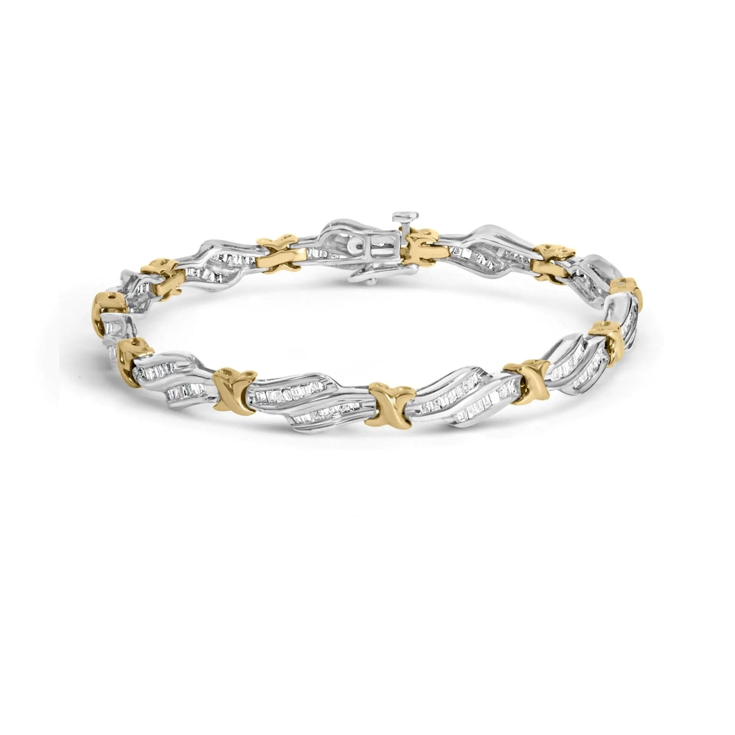 10k Two - Toned Gold 2.00 Cttw Channel Set Baguette - Diamond Weave and "X" Spiral Link Bracelet (H - I Color, I1 - I2 Clarity) - 7" - Jaazi Intl