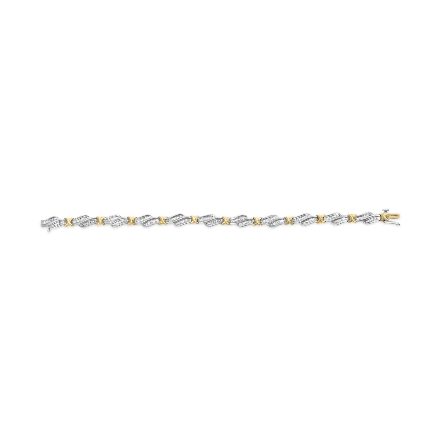 10k Two - Toned Gold 2.00 Cttw Channel Set Baguette - Diamond Weave and "X" Spiral Link Bracelet (H - I Color, I1 - I2 Clarity) - 7" - Jaazi Intl