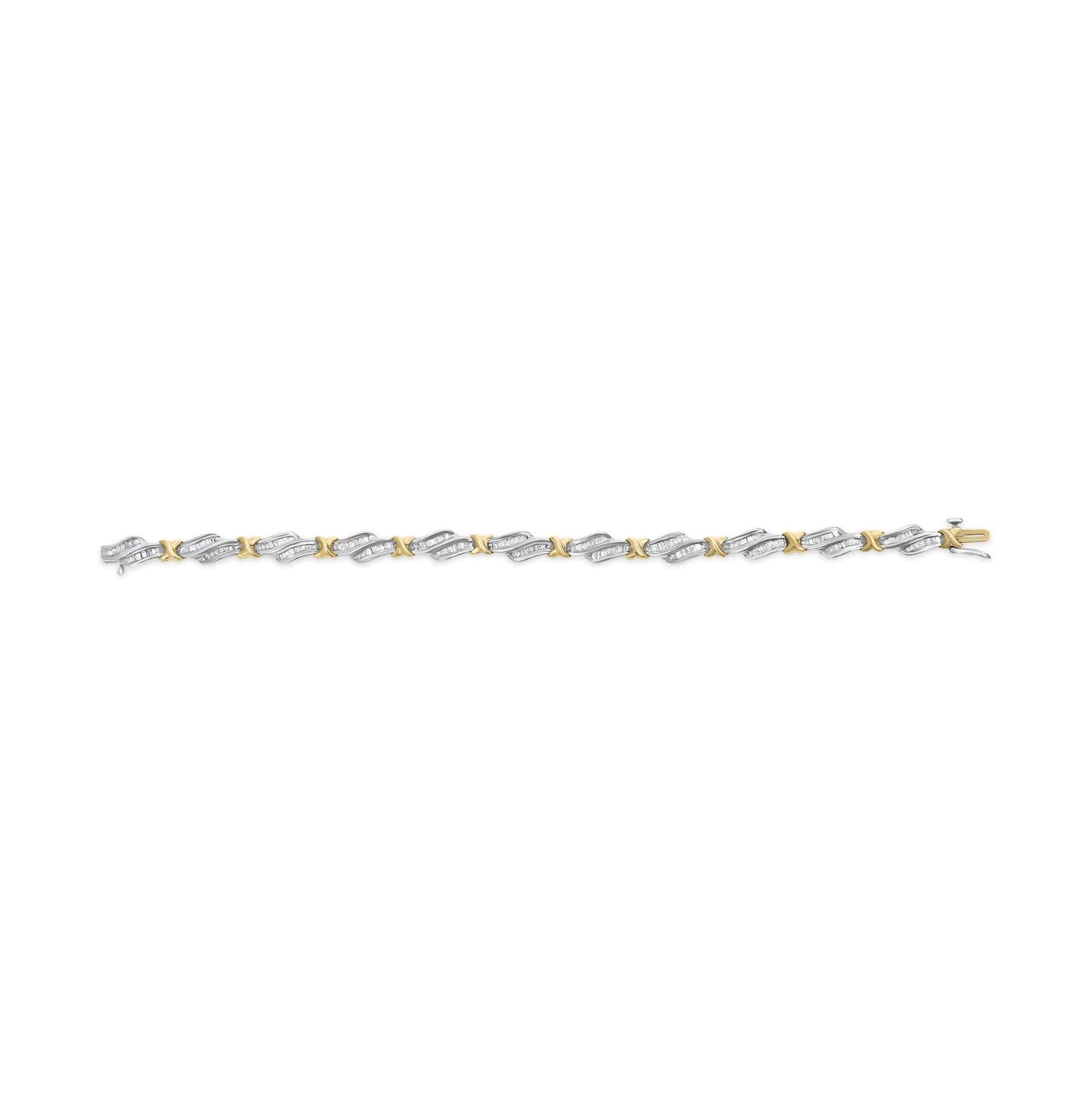 10k Two - Toned Gold 2.00 Cttw Channel Set Baguette - Diamond Weave and "X" Spiral Link Bracelet (H - I Color, I1 - I2 Clarity) - 7" - Jaazi Intl