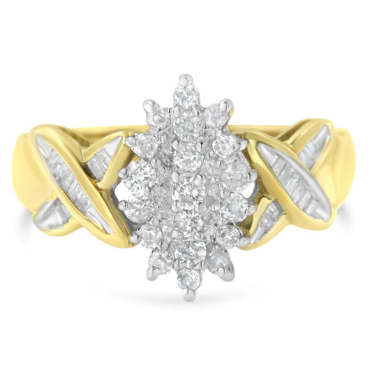 10K Two - Toned Round Baguette Diamond Cluster Ring (1/2 Cttw, I - J Color, I2 - I3 Clarity) - Jaazi Intl