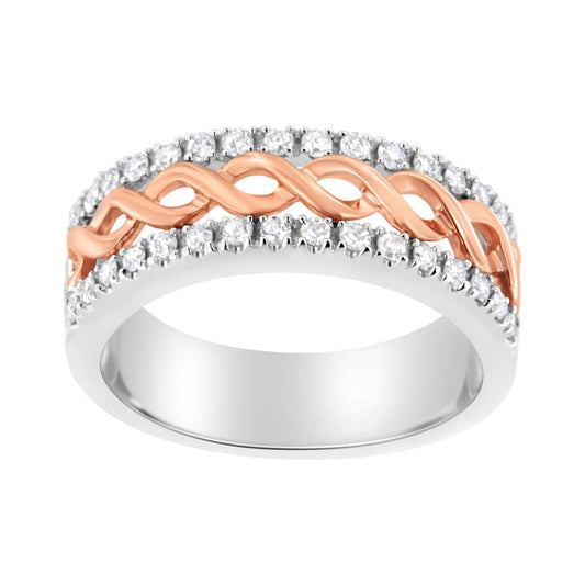 10K White and Rose Gold 1/3 Cttw Diamond Split Shank and Infinity Ribbon Band Ring (I - J Color, I1 - I2 Clarity) - Jaazi International