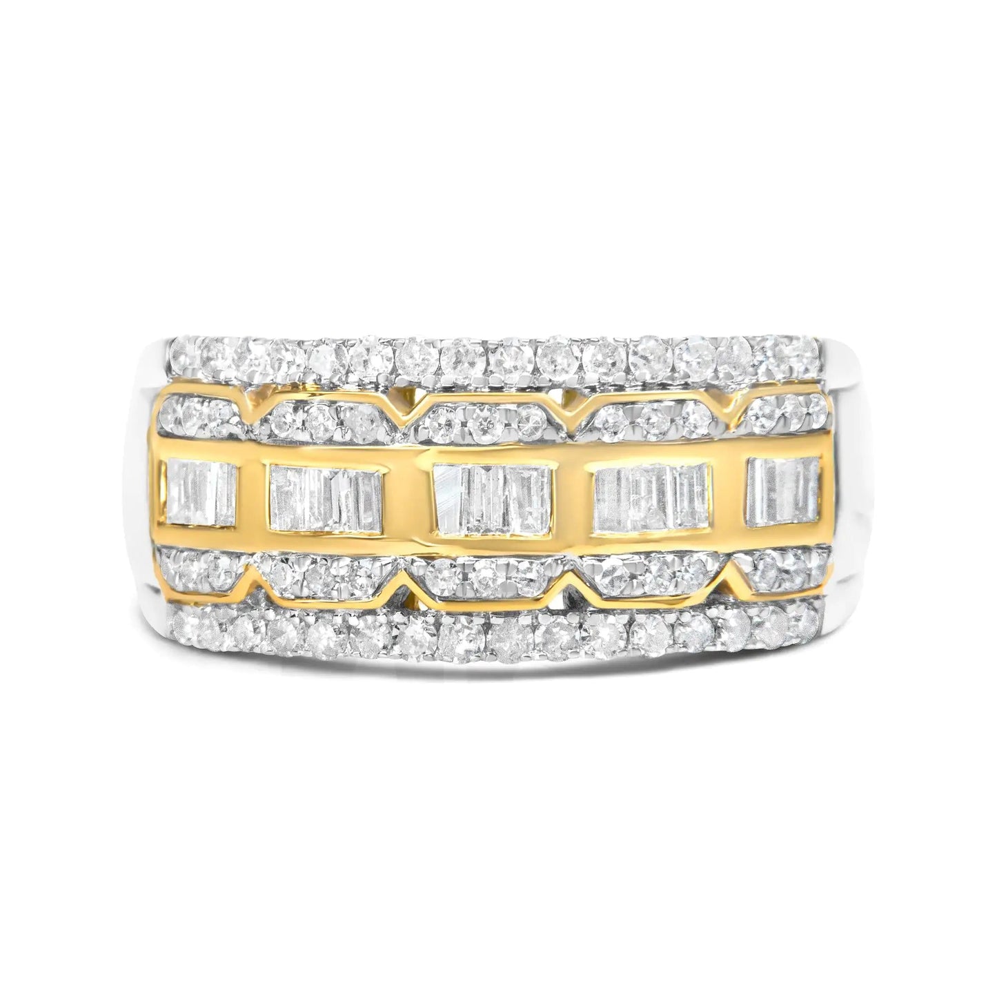 10K White and Yellow Gold 1.00 Cttw Baguette and Round cut Diamond Art Deco Multi - Row Ring Band (I - J Color, I1 - I2 Clarity) - Jaazi Intl