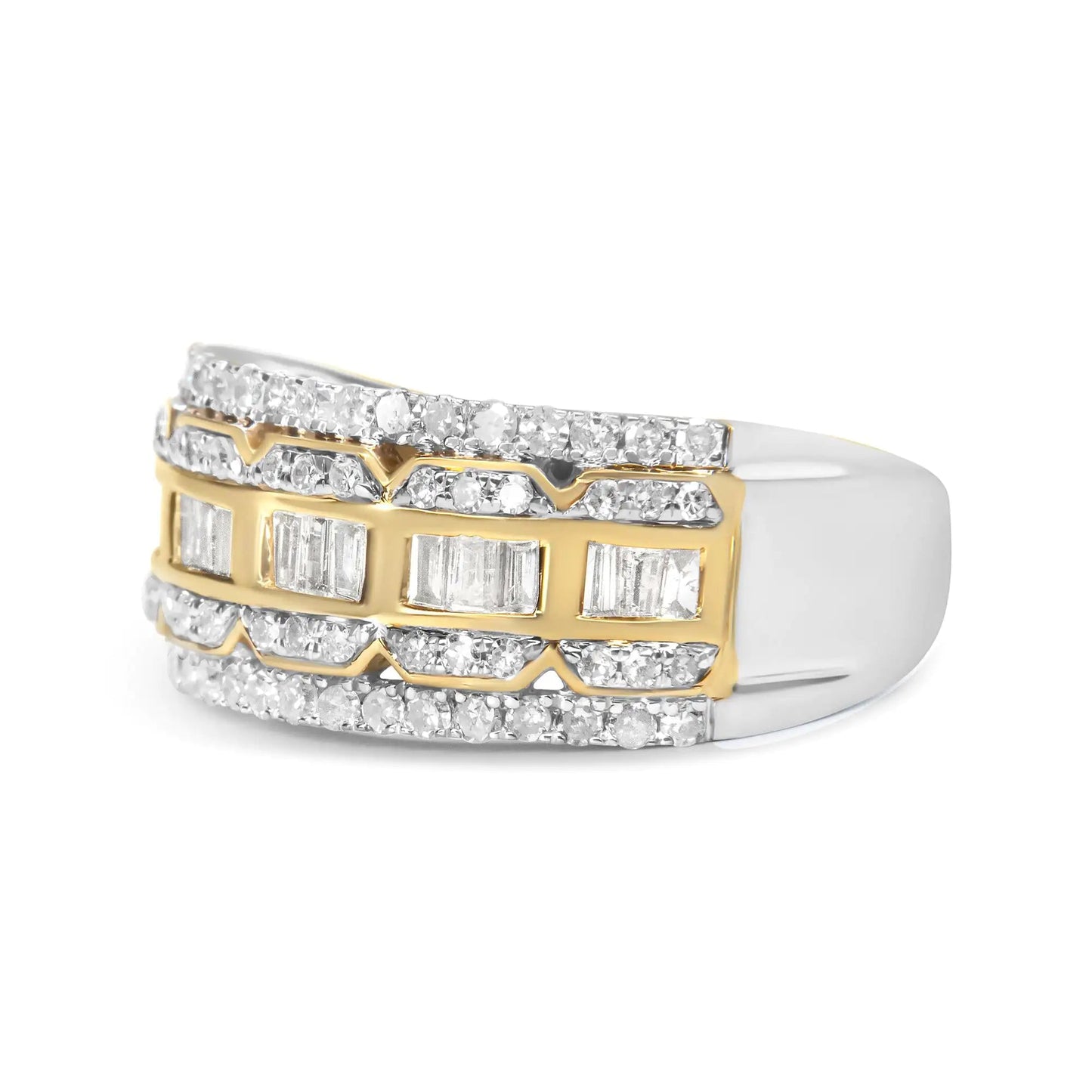 10K White and Yellow Gold 1.00 Cttw Baguette and Round cut Diamond Art Deco Multi - Row Ring Band (I - J Color, I1 - I2 Clarity) - Jaazi Intl