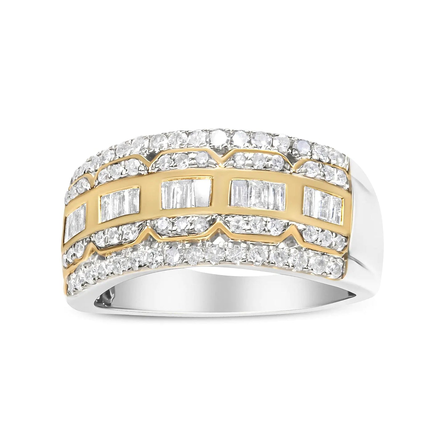 10K White and Yellow Gold 1.00 Cttw Baguette and Round cut Diamond Art Deco Multi - Row Ring Band (I - J Color, I1 - I2 Clarity) - Jaazi Intl