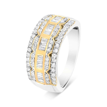 10K White and Yellow Gold 1.00 Cttw Baguette and Round cut Diamond Art Deco Multi - Row Ring Band (I - J Color, I1 - I2 Clarity) - Jaazi Intl