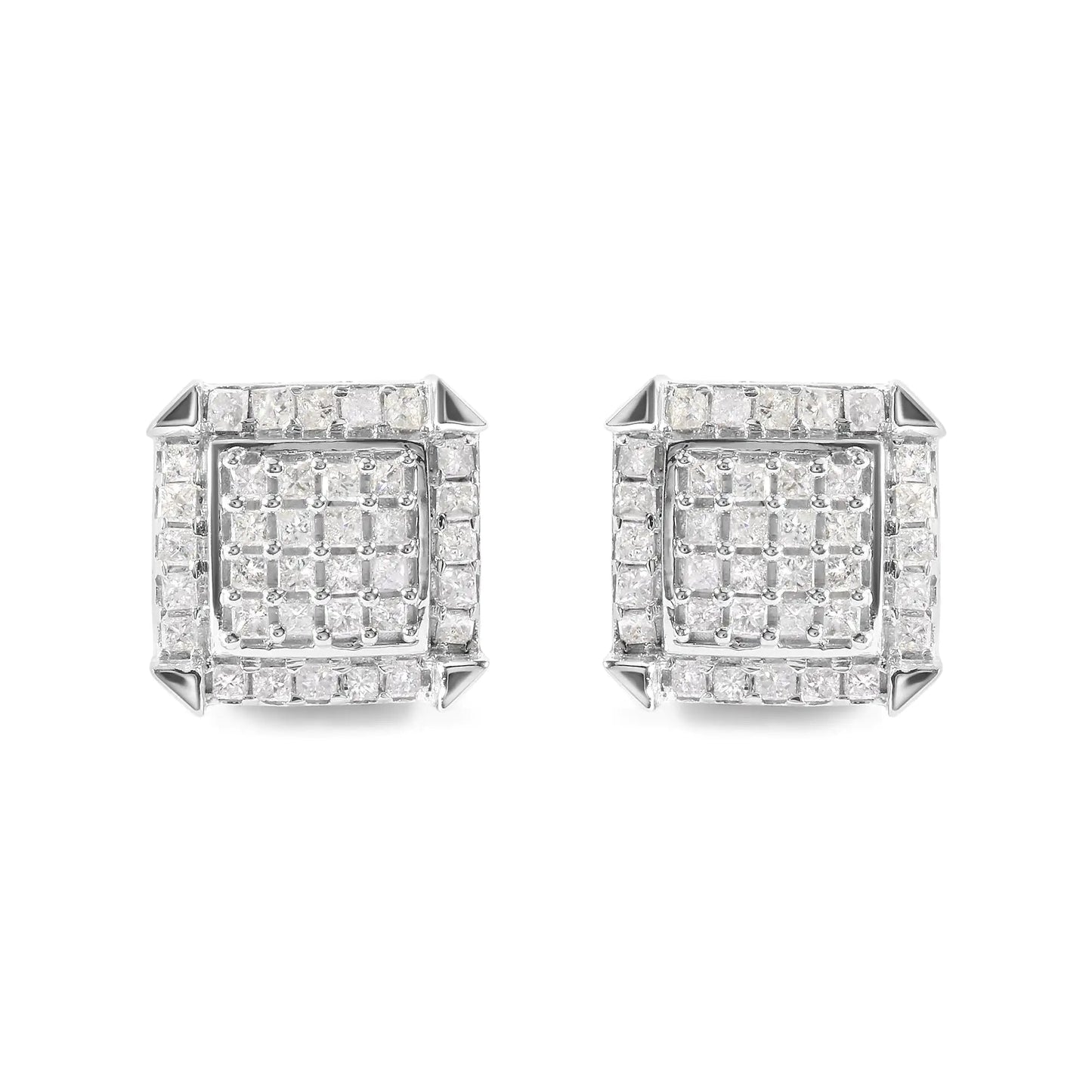 10K White Gold 1 1/10 Cttw Princess Diamond Composite and Halo Stud Earrings (I - J Color, I1 - I2 Clarity) - Jaazi Intl