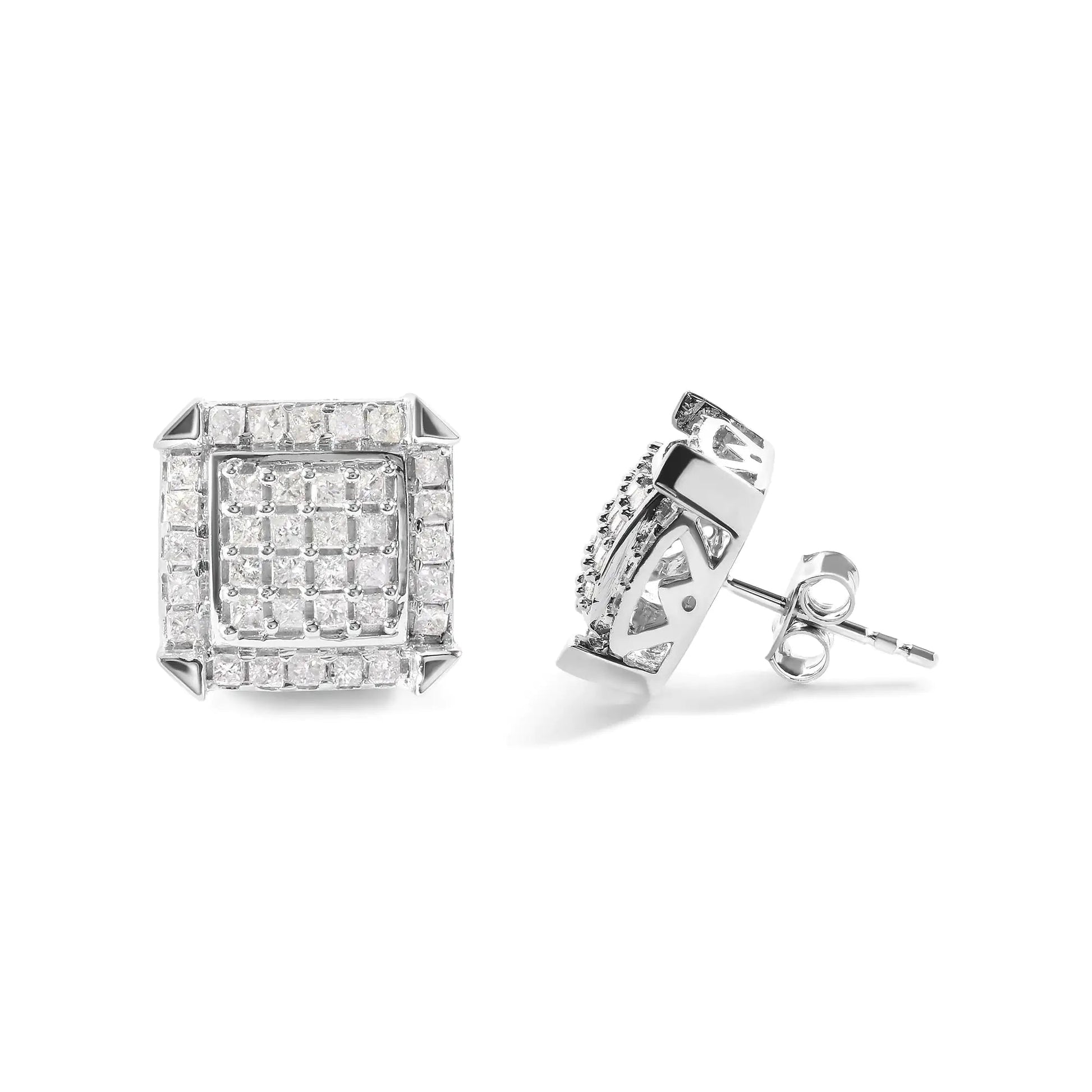 10K White Gold 1 1/10 Cttw Princess Diamond Composite and Halo Stud Earrings (I - J Color, I1 - I2 Clarity) - Jaazi Intl