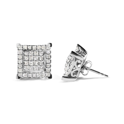 10K White Gold 1 1/4 Cttw Princess Diamond Composite Double Square and Halo Stud Earrings (I - J Color, I1 - I2 Clarity) - Jaazi International