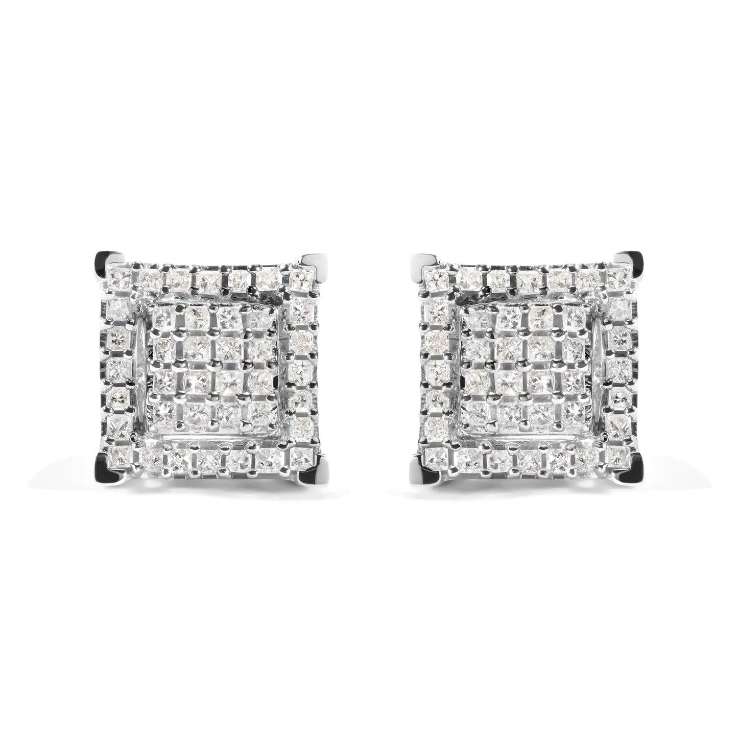 10K White Gold 1 1/4 Cttw Princess Diamond Composite Double Square and Halo Stud Earrings (I - J Color, I1 - I2 Clarity) - Jaazi International