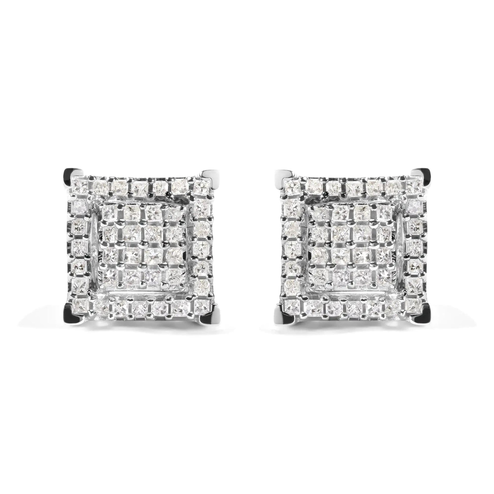 10K White Gold 1 1/4 Cttw Princess Diamond Composite Double Square and Halo Stud Earrings (I - J Color, I1 - I2 Clarity) - Jaazi International