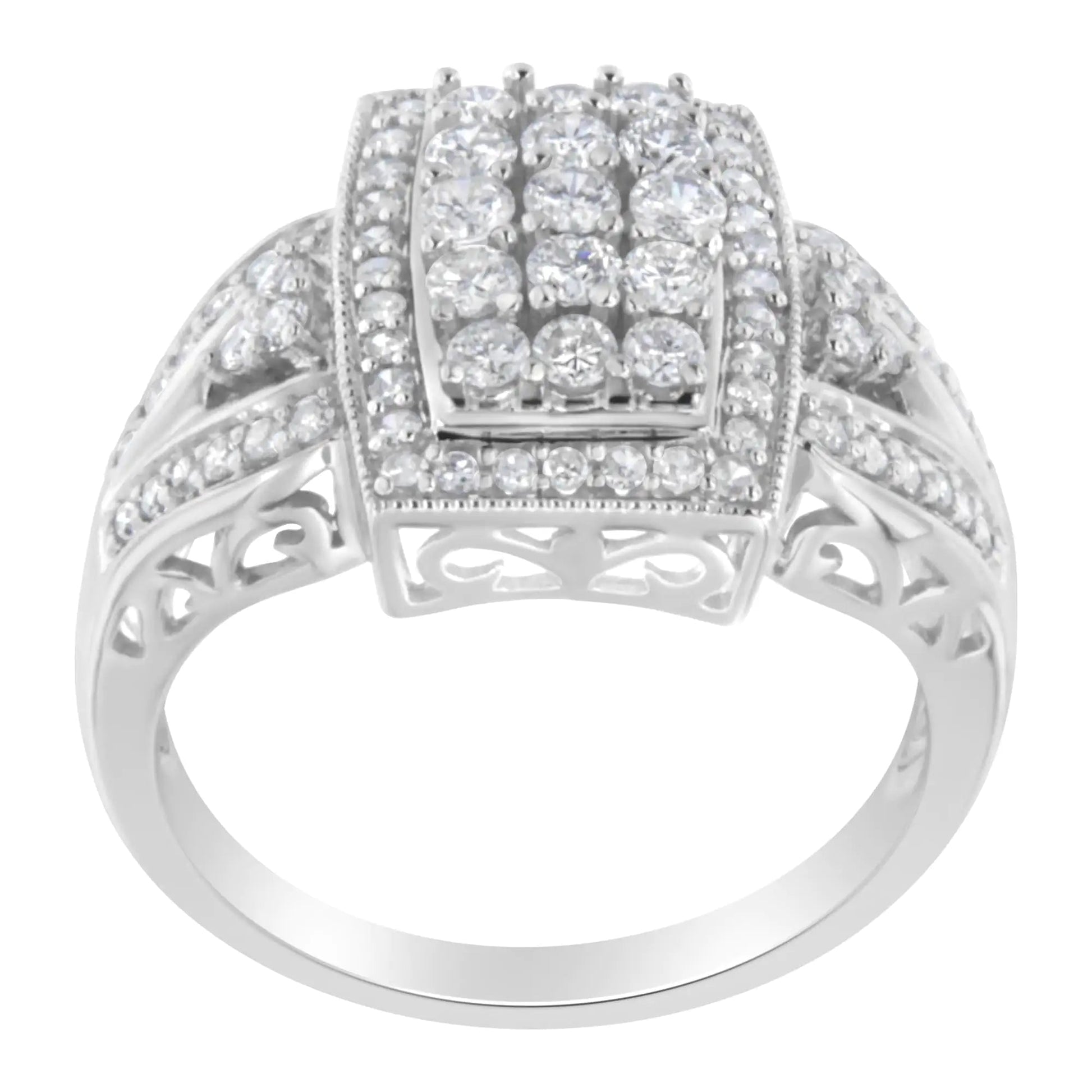 10K White Gold 1.0 Cttw Diamond Rectangular Cushion Shaped Cluster Halo Flared Band Cocktail Fashion Ring (H - I Color, SI2 - I1 Clarity) - Jaazi Intl