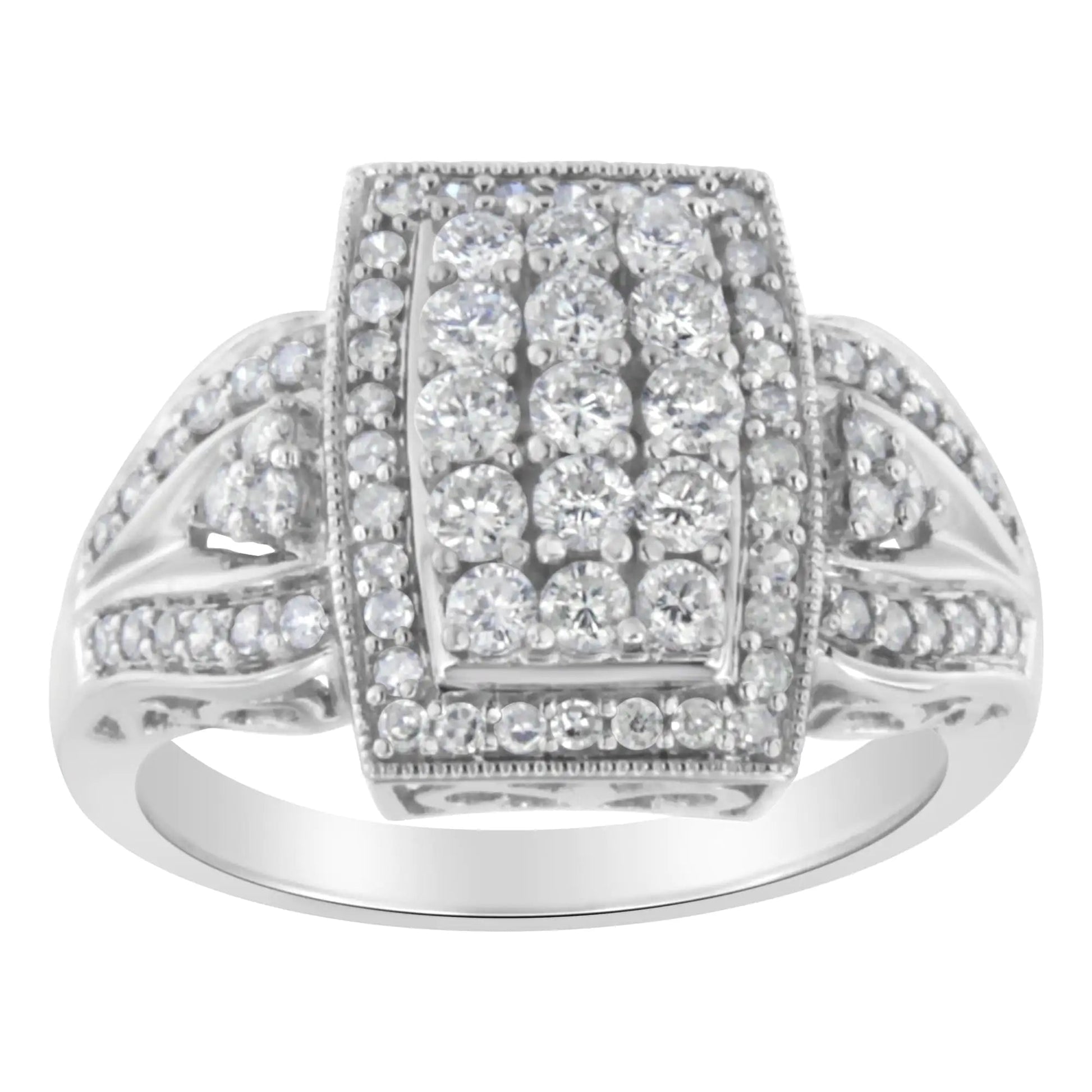 10K White Gold 1.0 Cttw Diamond Rectangular Cushion Shaped Cluster Halo Flared Band Cocktail Fashion Ring (H - I Color, SI2 - I1 Clarity) - Jaazi Intl