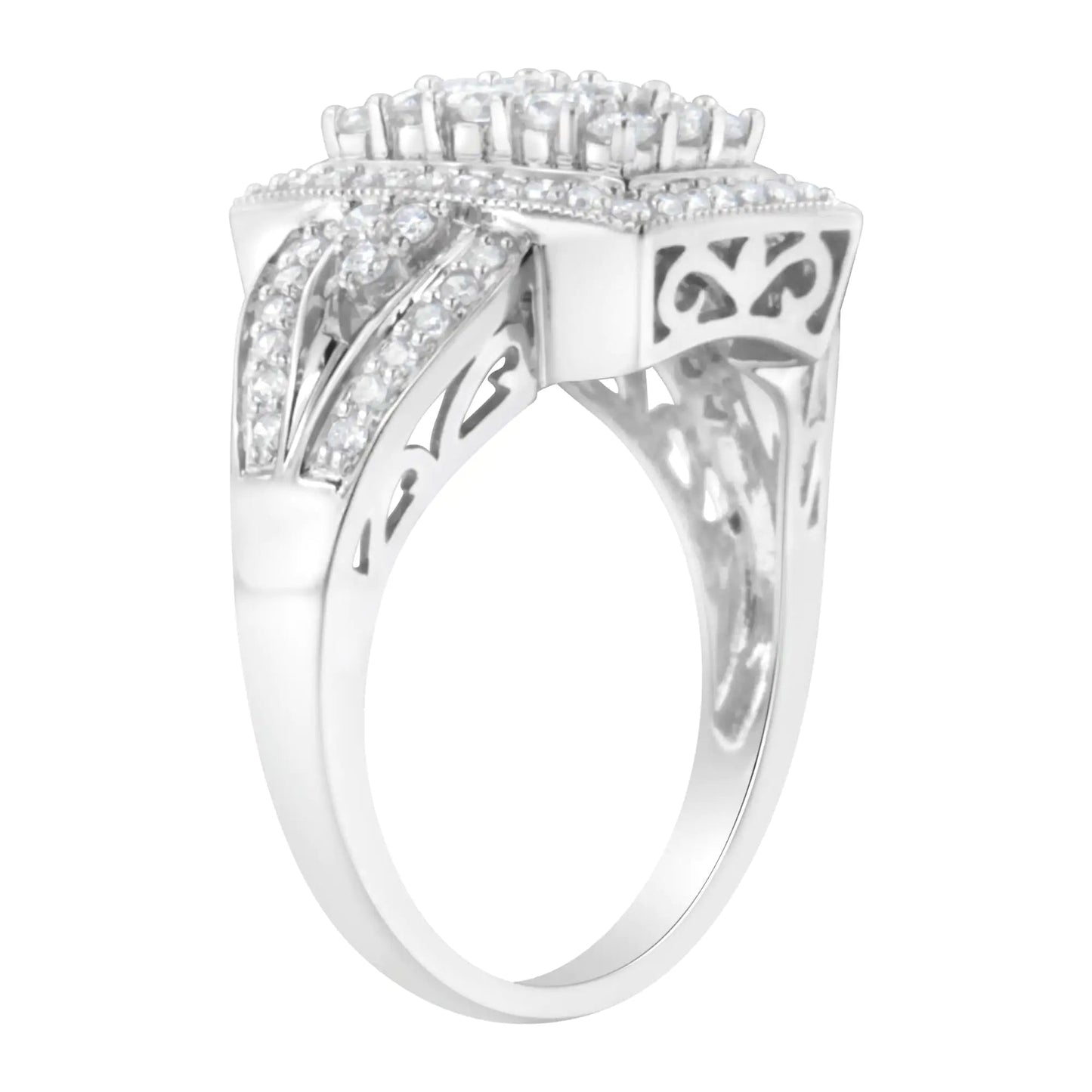 10K White Gold 1.0 Cttw Diamond Rectangular Cushion Shaped Cluster Halo Flared Band Cocktail Fashion Ring (H - I Color, SI2 - I1 Clarity) - Jaazi Intl