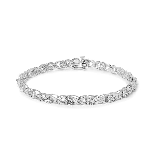 10K White Gold 1.00 Cttw Diamond Floral Cluster and X - Link 7.25" Bracelet (I - J Color, I1 - I2 Clarity) - Jaazi International