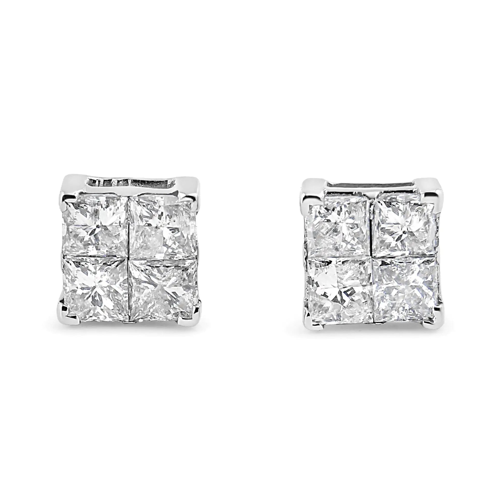 10K White Gold 1.00 cttw Invisible Set Princess - Cut Diamond Composite Square Shape Stud Earrings (G - H Color, I2 - I3 Clarity) - Jaazi Intl