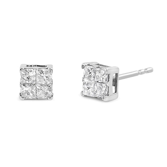 10K White Gold 1.00 cttw Invisible Set Princess - Cut Diamond Composite Square Shape Stud Earrings (G - H Color, I2 - I3 Clarity) - Jaazi Intl