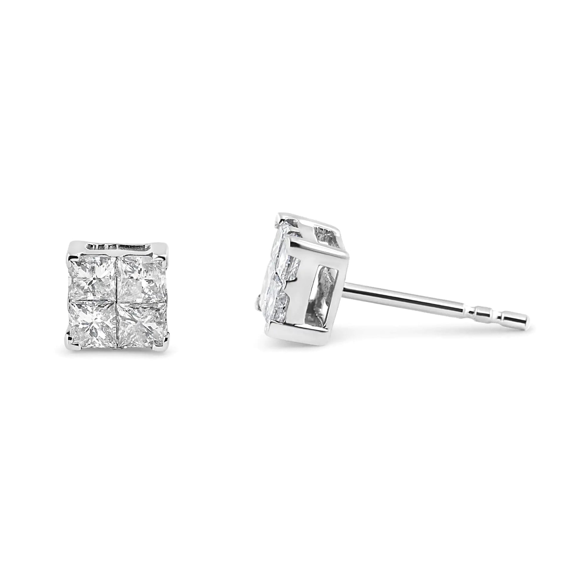 10K White Gold 1.00 cttw Invisible Set Princess - Cut Diamond Composite Square Shape Stud Earrings (G - H Color, I2 - I3 Clarity) - Jaazi Intl