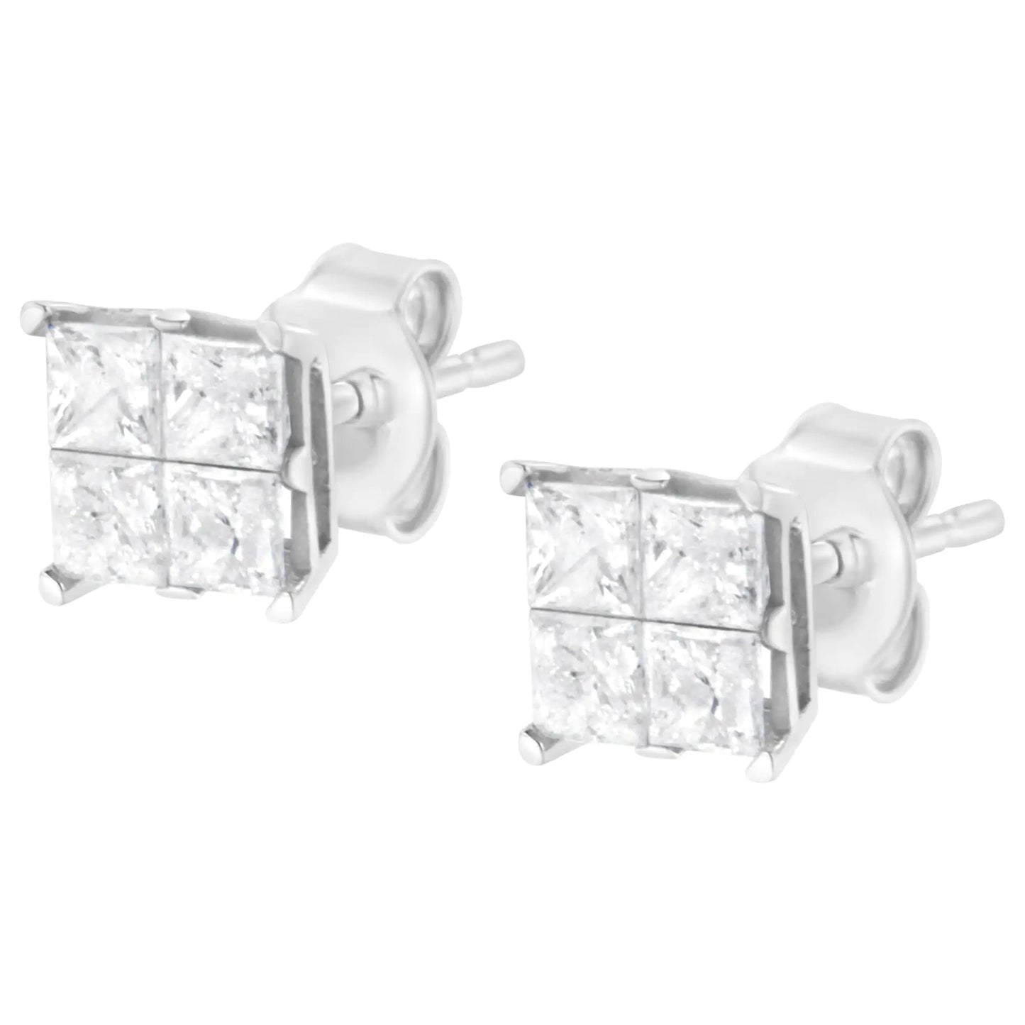 10K White Gold 1.00 cttw Invisible Set Princess - Cut Diamond Composite Square Shape Stud Earrings (G - H Color, I2 - I3 Clarity) - Jaazi Intl