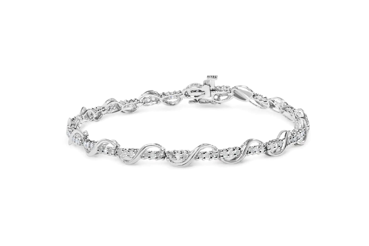 10K White Gold 1.00 Cttw Round - Cut Diamond Tennis Bracelet with Swirl Link (H - I Color, I3 Clarity) - 7" Inches - Jaazi International