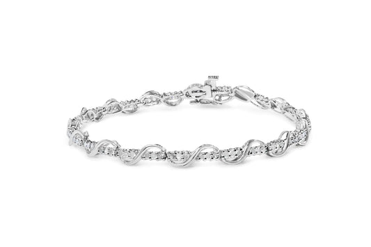 10K White Gold 1.00 Cttw Round - Cut Diamond Tennis Bracelet with Swirl Link (H - I Color, I3 Clarity) - 7" Inches - Jaazi Intl