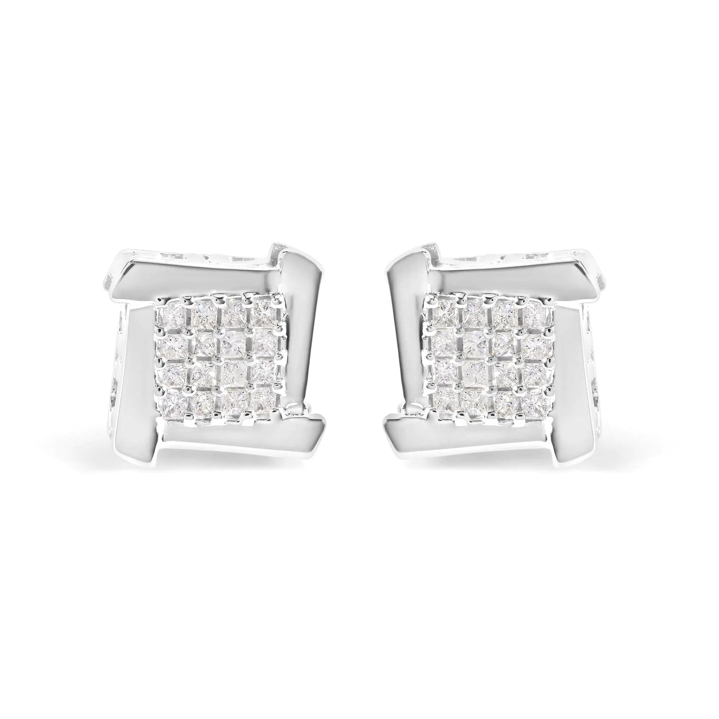 10K White Gold 1/2 Cttw Composite Princess Diamond Square and Swirl Stud Earrings (I - J Color, I1 - I2 Clarity) - Jaazi Intl