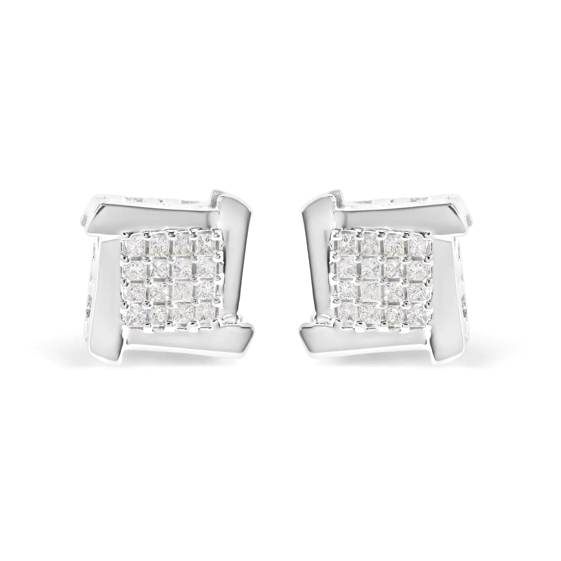 10K White Gold 1/2 Cttw Composite Princess Diamond Square and Swirl Stud Earrings (I - J Color, I1 - I2 Clarity) - Jaazi Intl