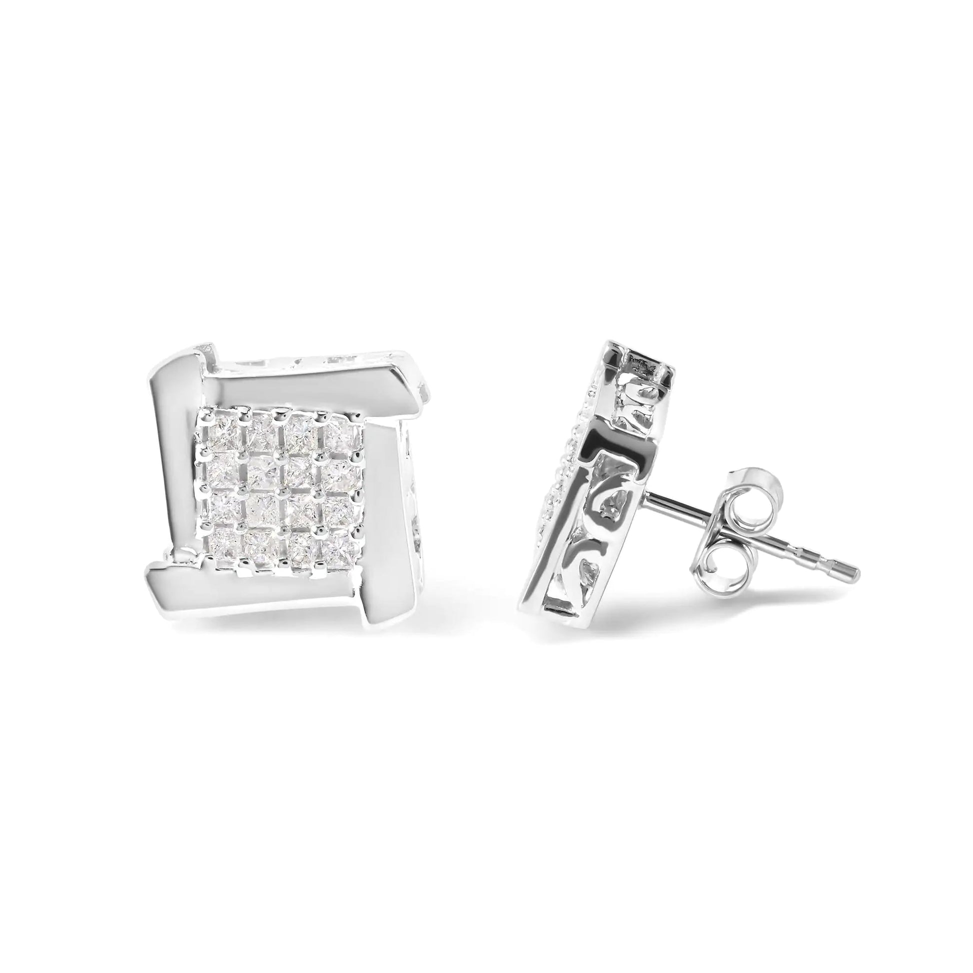 10K White Gold 1/2 Cttw Composite Princess Diamond Square and Swirl Stud Earrings (I - J Color, I1 - I2 Clarity) - Jaazi Intl