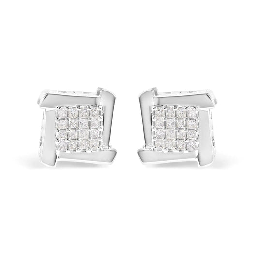 10K White Gold 1/2 Cttw Composite Princess Diamond Square and Swirl Stud Earrings (I - J Color, I1 - I2 Clarity) - Jaazi Intl