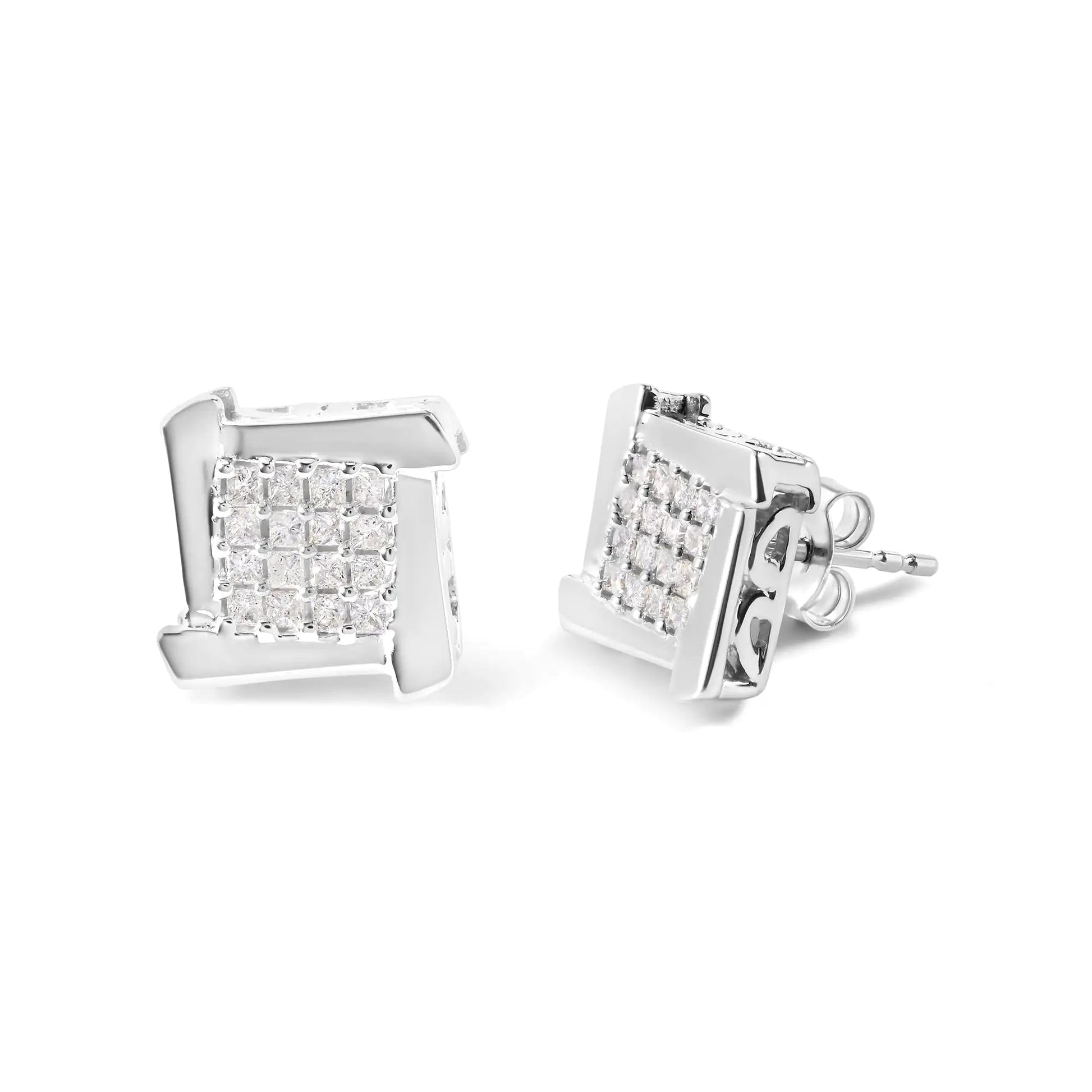 10K White Gold 1/2 Cttw Composite Princess Diamond Square and Swirl Stud Earrings (I - J Color, I1 - I2 Clarity) - Jaazi Intl