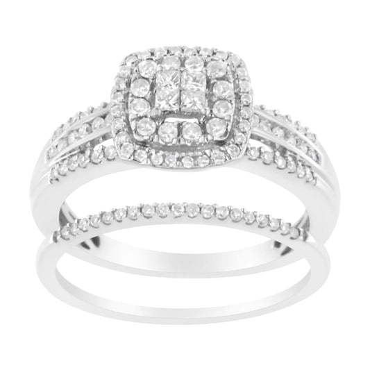 10K White Gold 1/2 cttw Round and Princess - Cut Diamond Engagement Ring and Band Set (H - I Color, I1 - I2 Clarity) - Jaazi Intl