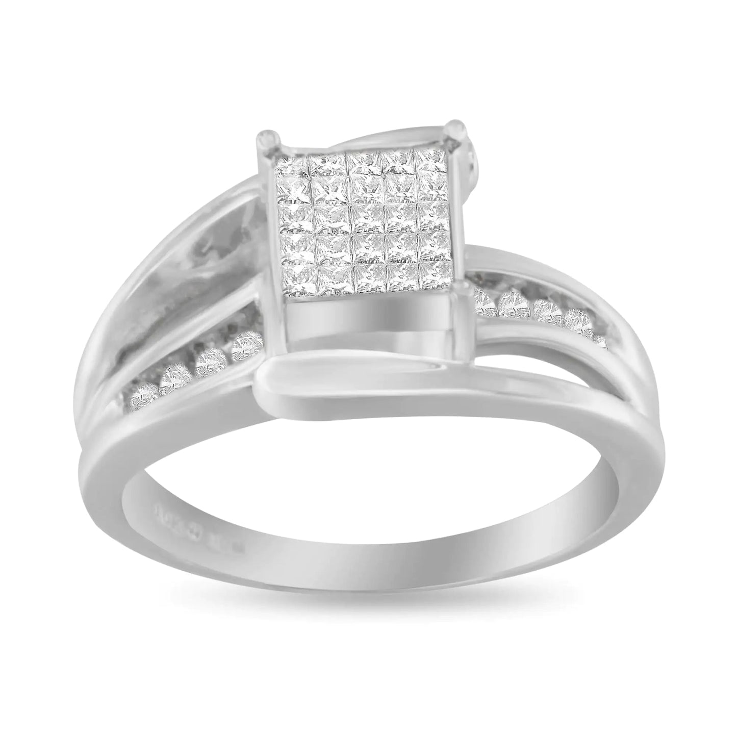 10K White Gold 1/3 Cttw Invisible Set Princess - cut Diamond Cluster Bypass Ring (H - I Color, SI1 - SI2 Clarity) - Jaazi Intl